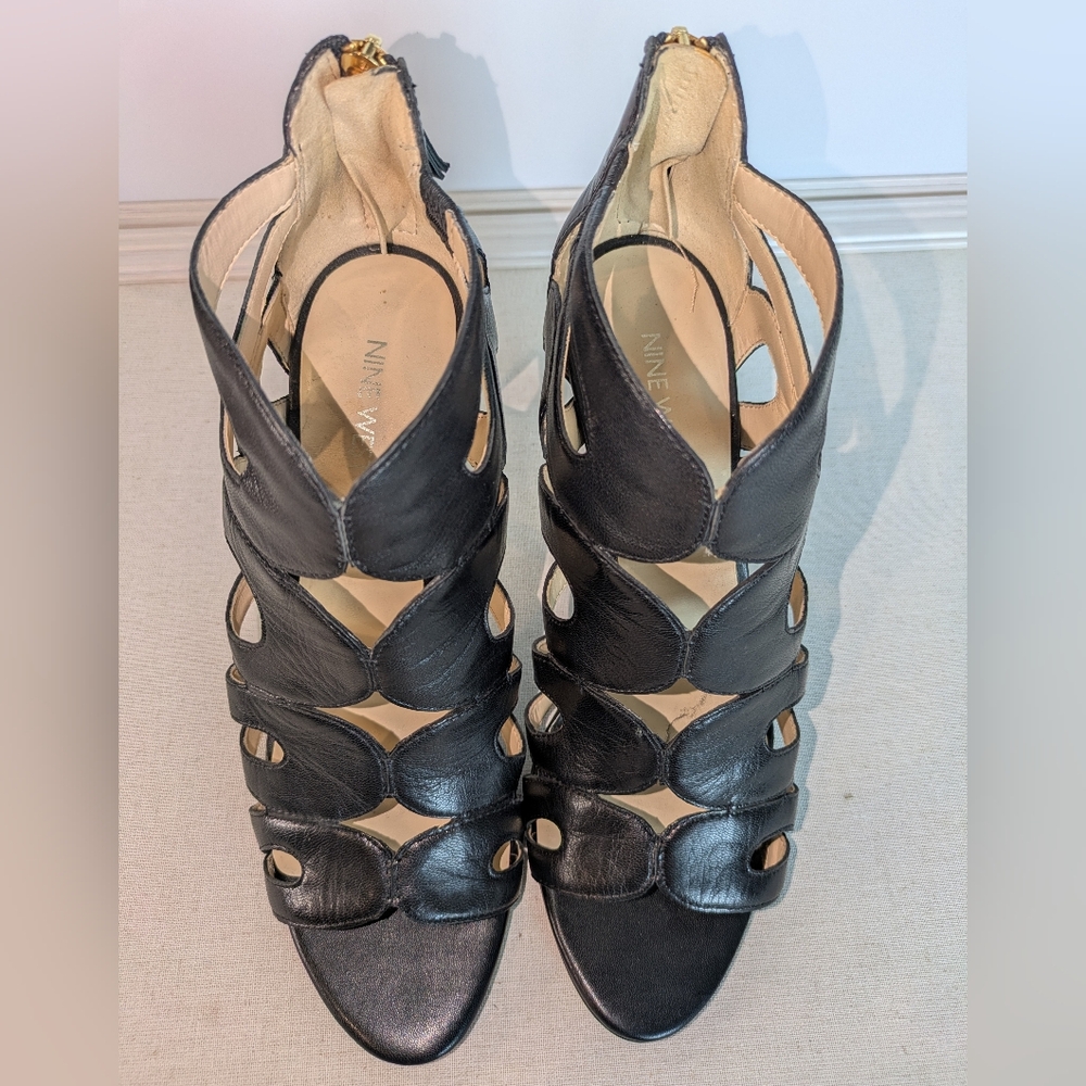 Nine West NWFLORA Black Leather Strappy Heels Stiletto Sandals Size 9 - Picture 4 of 8